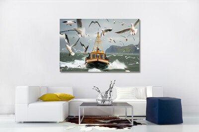 Foto auf Leinwand - Boot - Meer - Möwen - Wanddekoration - Malerei Natur - Natur - Wanddekoration - Souvenirs aus dem Meer