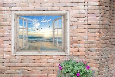 zeezicht - Tuinposter raam - Doorkijk - Strand - Natuur - Zee - Tuindecoratie - Tuindoek - Tuinschilderij voor buiten - Schutting decoratie - S