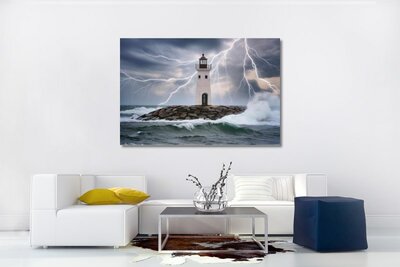 Canvas Schilderij Vuurtoren op zee met meerdere blikseminslagen - wanddecoratie - souvenirs from the sea - Foto Op Canvas - Wanddecoratie Woonk