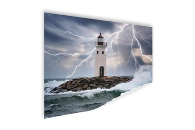 photo sur poster - Phare sur une mer agitée avec vagues d'eau - éclairs - décoration murale - maritime - souvenirs de la mer