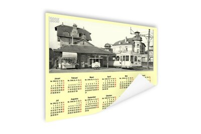 poster del calendario 2025 - De Haan - foto storica - stazione del tram - souvenir De Haan in riva al mare - souvenir dal mare