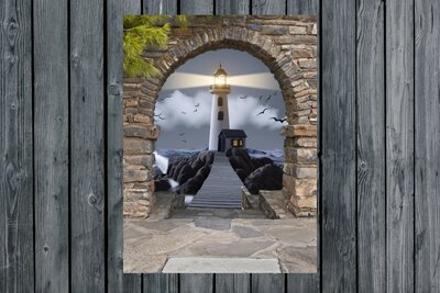 garden poster view with Lighthouse in wild sea with a path to it