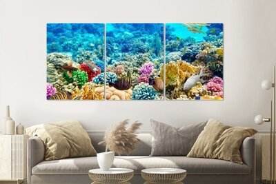 Peinture sur toile Triptyque - Poisson avec récif de corail sous l'eau - Photo sur toile - Impression sur toile - Décoration murale - Nature - 