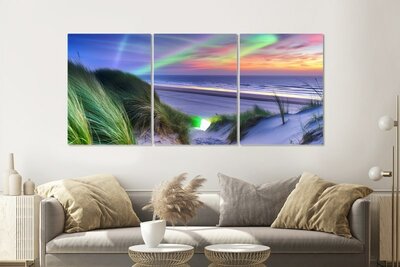 Triptychon-Leinwand – Triptychon-Gemälde mit einer wunderschönen Strandszene – Wanddekoration – Leinwandgemälde Triptychon – Sonnenuntergang – 