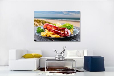 Photo on canvas - lobster on a plate, with a beautiful sea and beach landscape in the background - wall decoration - sea animals - sea life