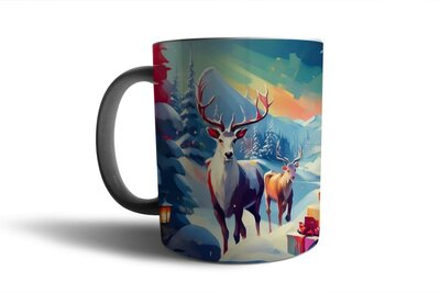 Christmas - Mug with reindeer and Santa Claus in a snowy landscape - Christmas atmosphere - hot chocolate - Christmas cup of coffee - Christmas